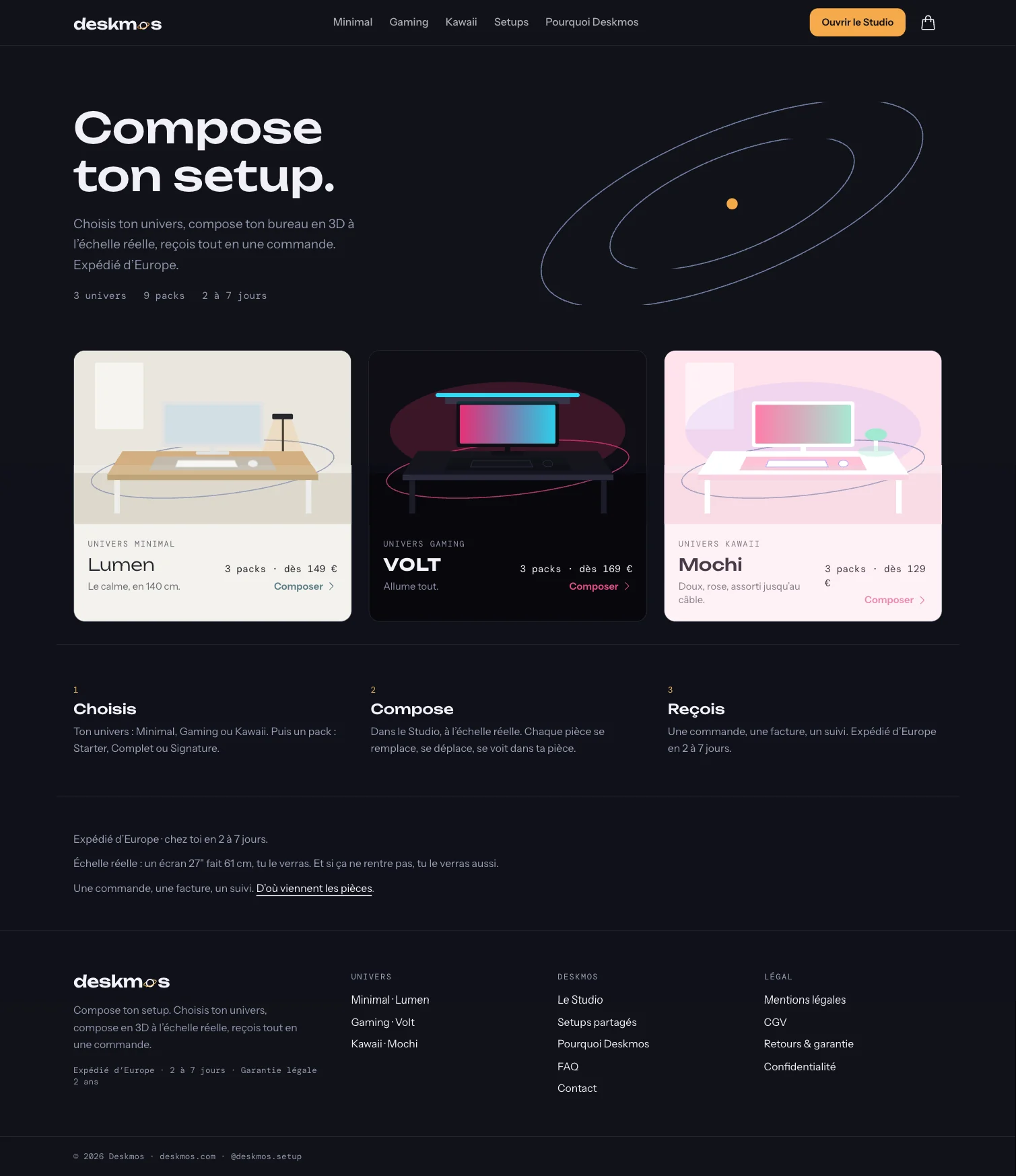 Home : A three-word promise (choose, compose, receive) and the three universes shown as three complete worlds, not three colour filters.