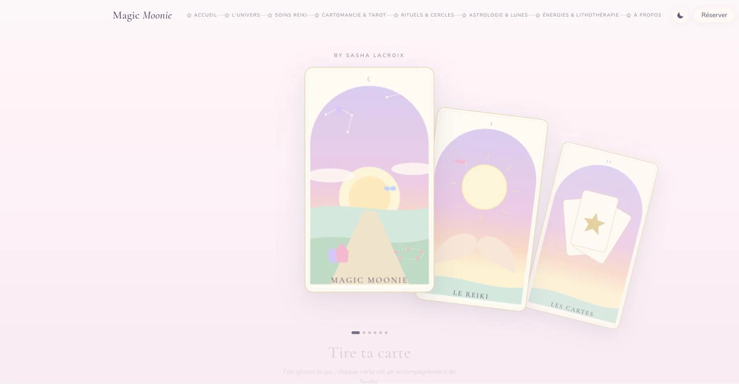 Home : The tarot deck as the opening: one card per offering, dragged horizontally. No banner, no bold promise: an image and a gesture.