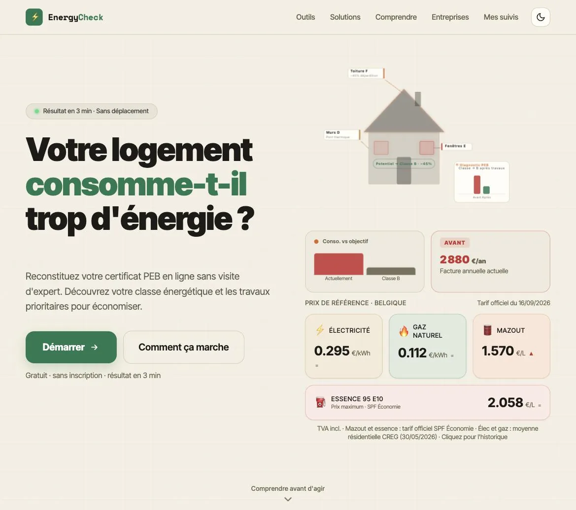 The home page : One question, one button. On the right, the annotated house changes with the question asked (rating, footprint, bill, payback), and under it the day's reference prices: the FPS Economy official tariff for heating oil and petrol, the CREG average for electricity and gas, each with its date.
